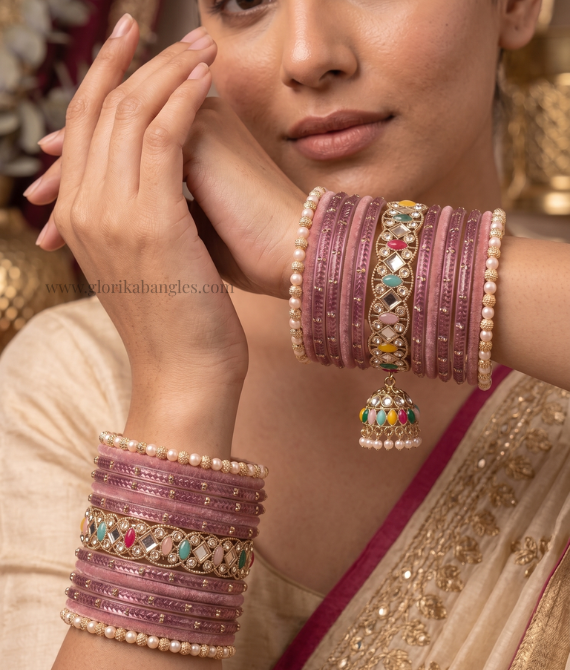 Peach Kundan Multicolor Glass Bangle Set